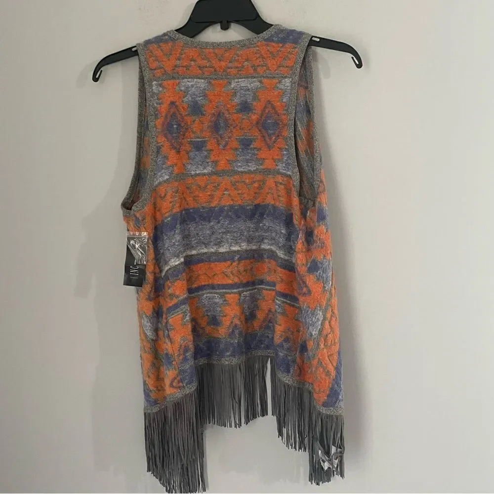 INC Womens Aztec Print Fringe Open Front Winter Vest Orange M - Picture 3 of 3
